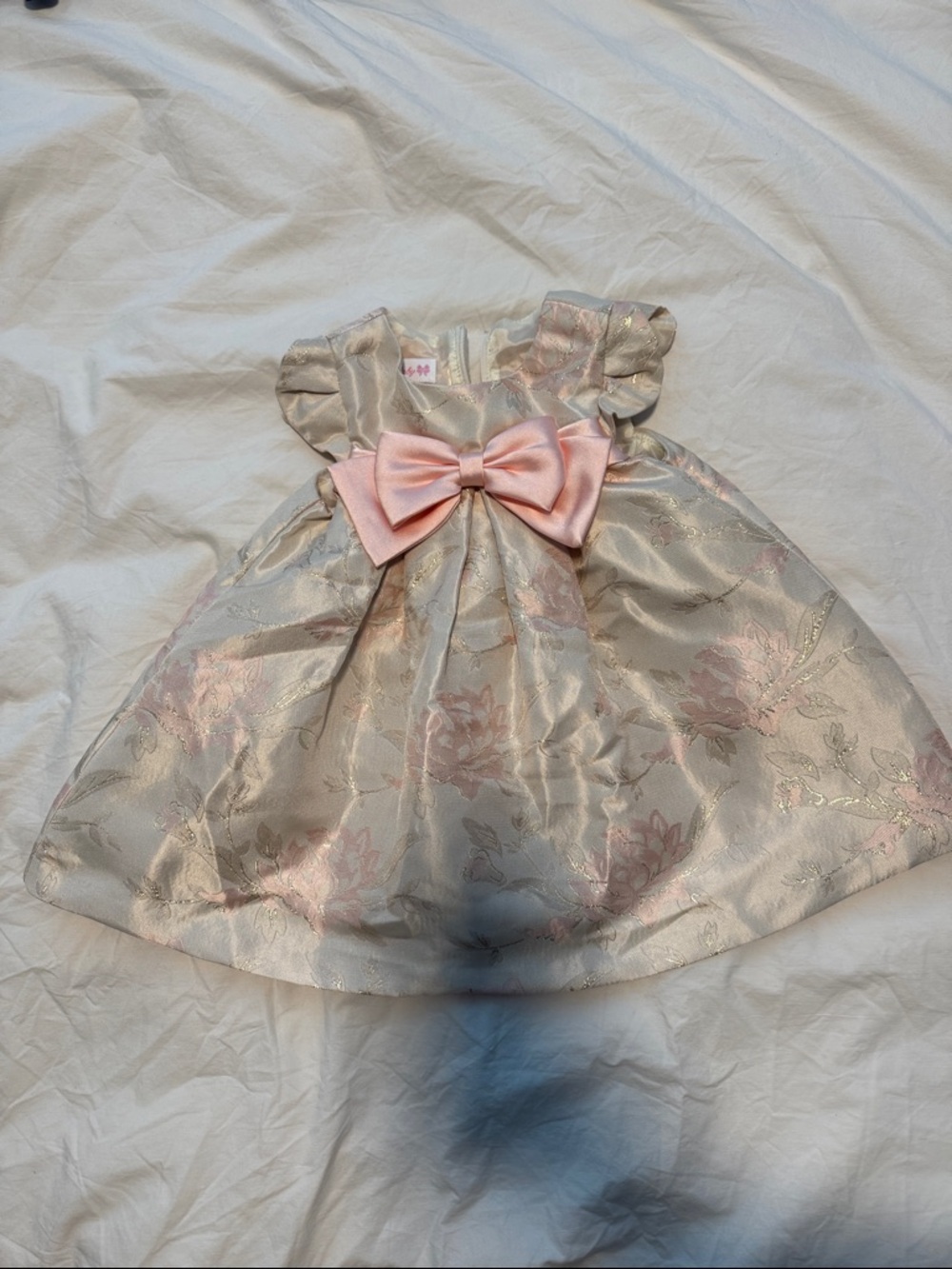 Bonnie Baby Gold and Pink Floral Satin Dress with Pink Bow